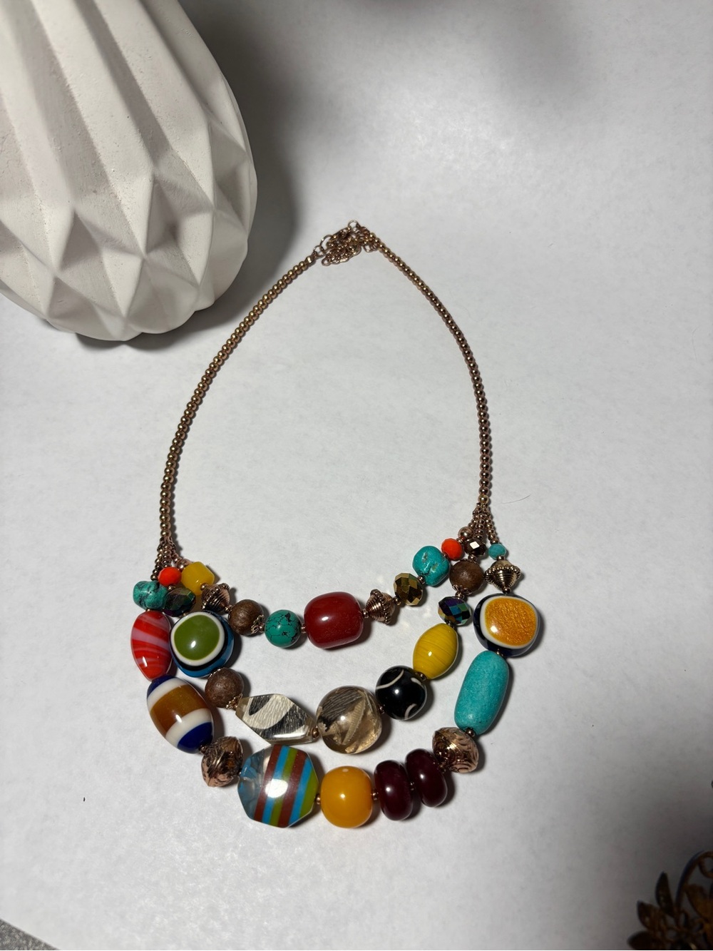Colorful Multi-Bead Statement Necklace - Turquoise, Red, Yellow, Green
